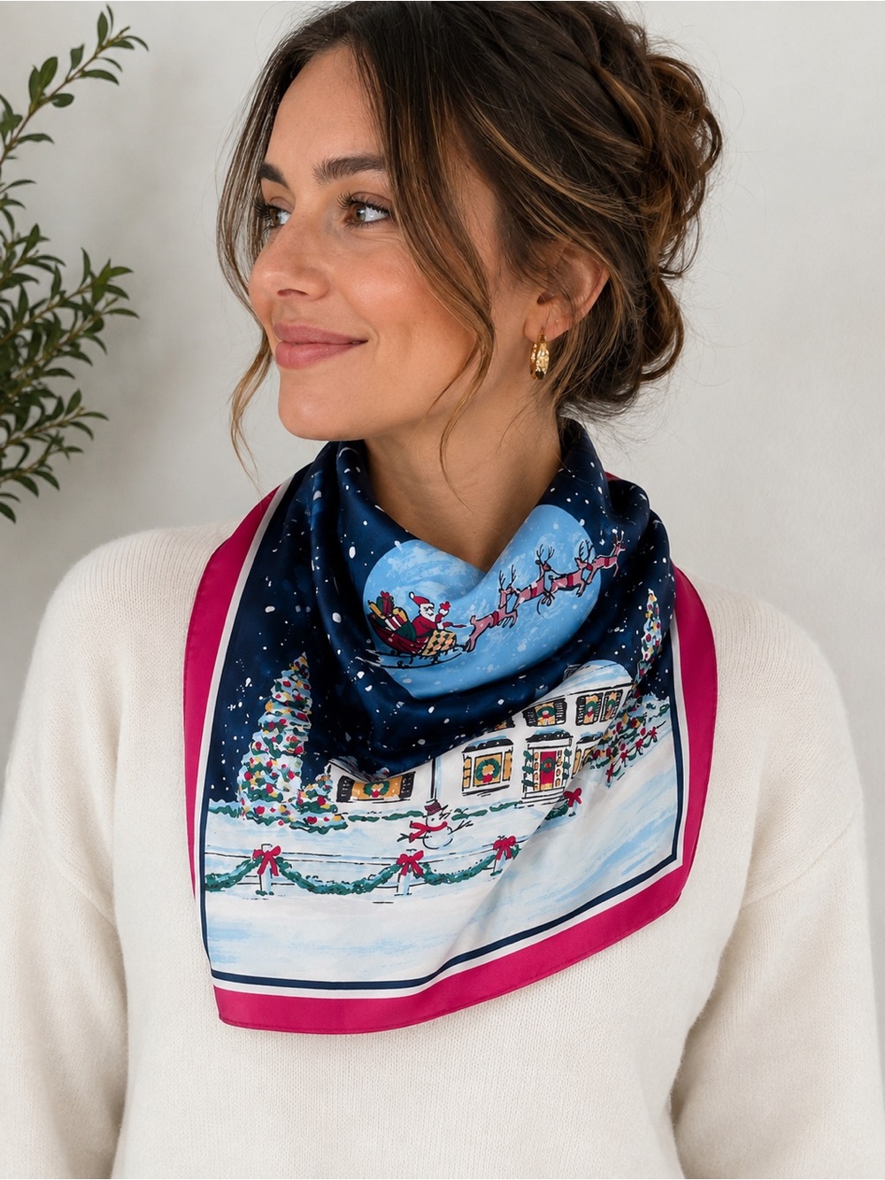 Talbots 100% Silk Christmas Scarf – Santa & Reindeer – Vintage Holiday